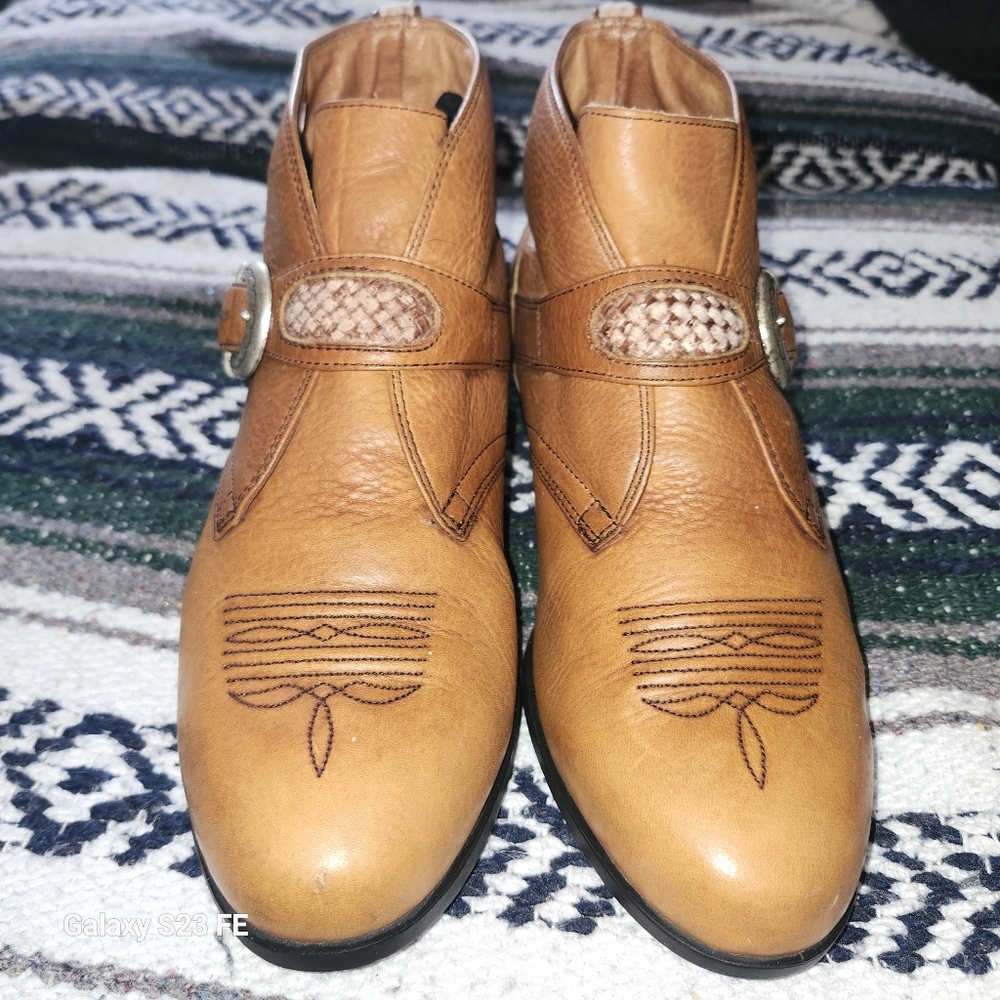 Women's Tan Leather Buckle Ankle Boots